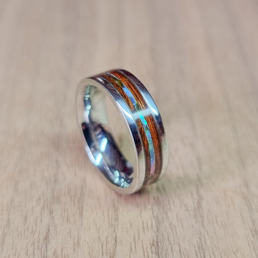 Stainless steel & rosewood ring with abalone / paua shell - Hand made bent wood ring - Wooden wedding band - Engagement ring - Jewellery