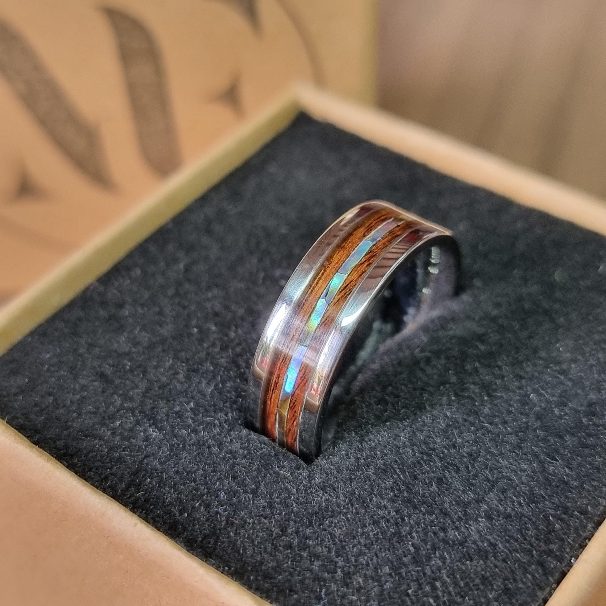Stainless steel & rosewood ring with abalone / paua shell - Hand made bent wood ring - Wooden wedding band - Engagement ring - Jewellery