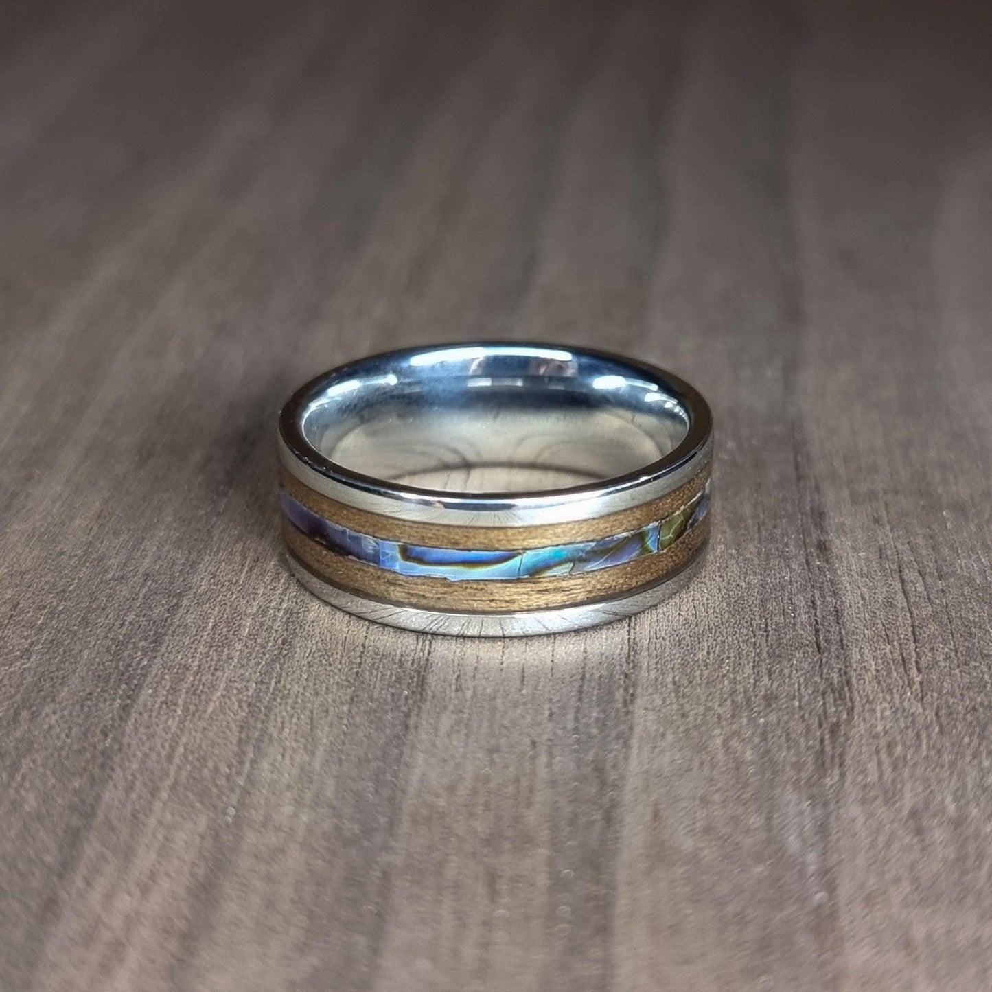 Stainless steel & walnut ring with abalone / paua shell ring