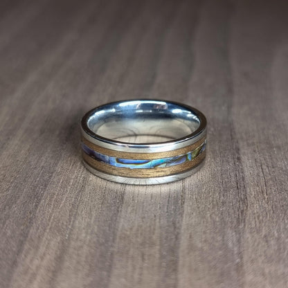 Stainless steel & walnut ring with abalone / paua shell ring