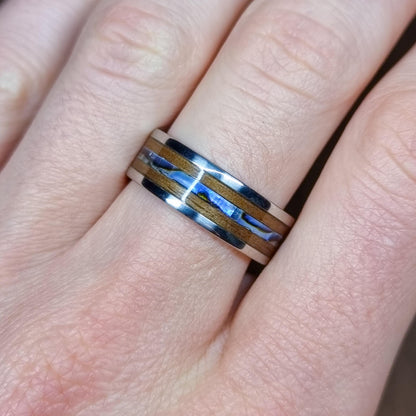 Stainless steel & walnut ring with abalone / paua shell ring