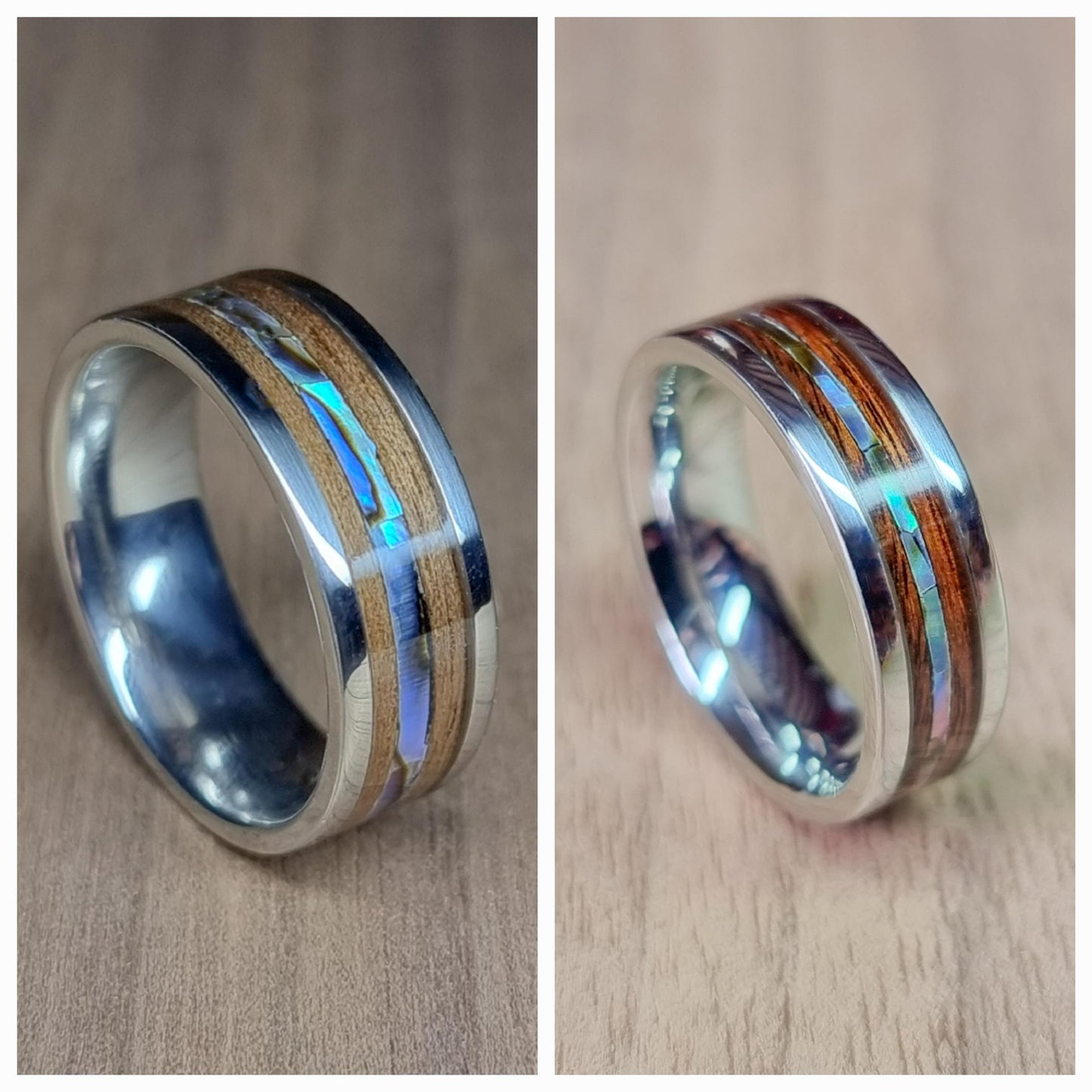 Custom stainless steel & wood ring with abalone / paua shell