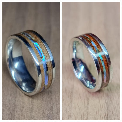 Custom stainless steel & wood ring with abalone / paua shell