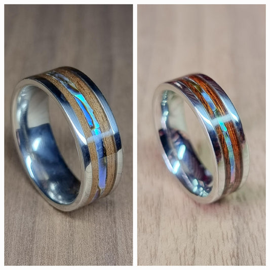 Custom stainless steel & wood ring with abalone / paua shell