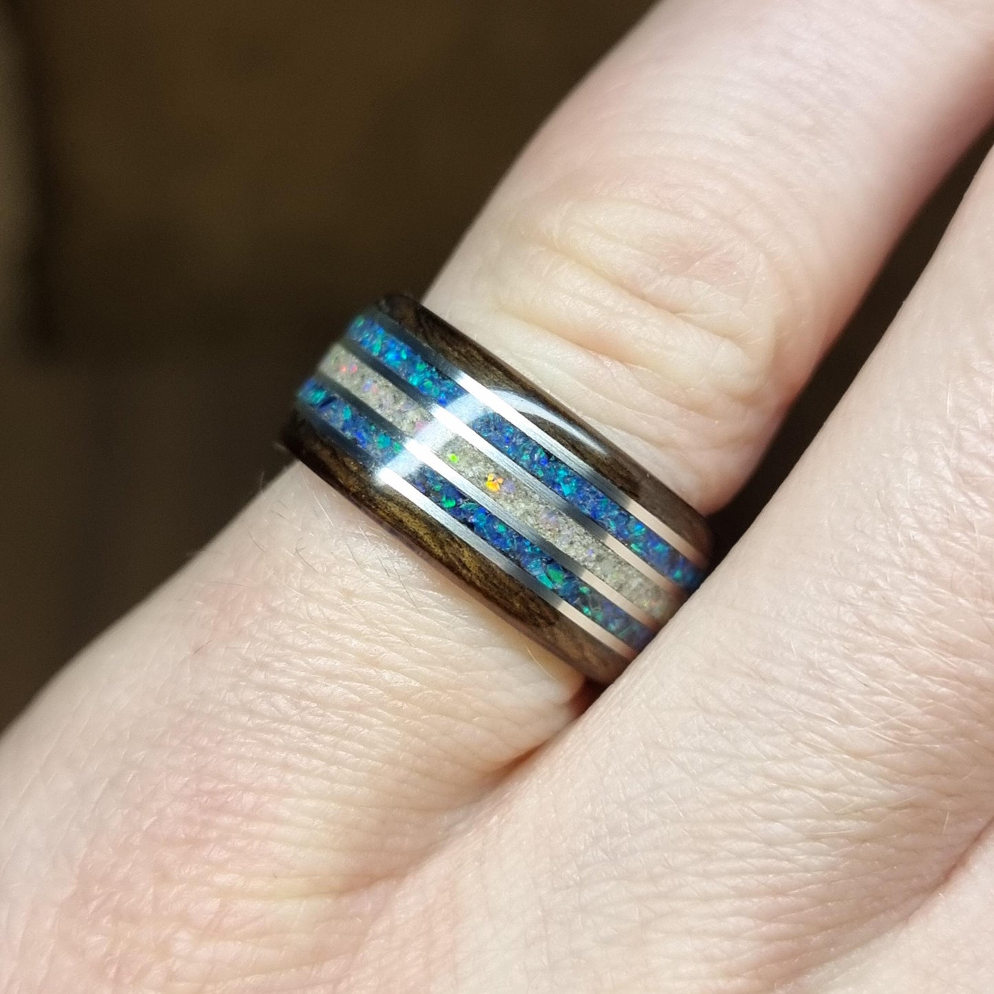 Custom memorial pet ash ring, duel wood ring, crushed opal and silver inlays hand made bent wood ring