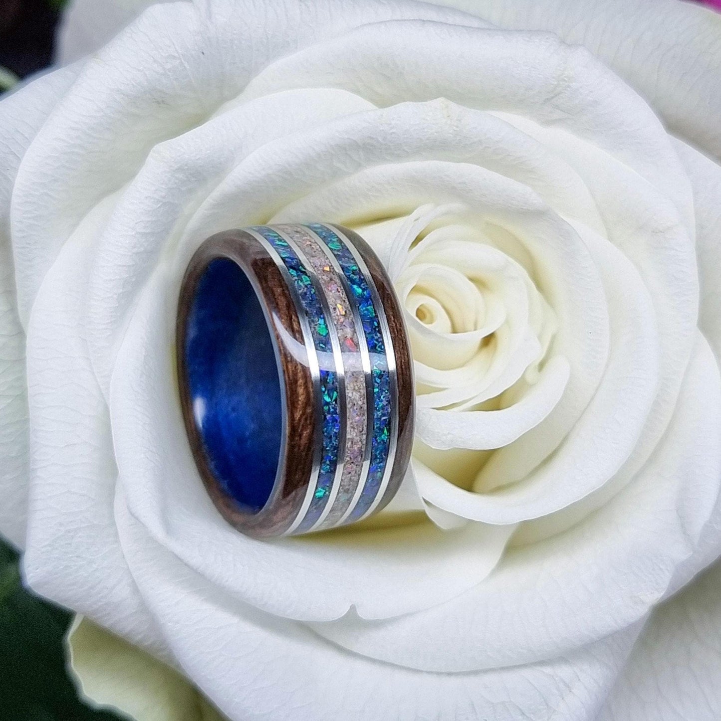 Custom memorial pet ash ring, duel wood ring, crushed opal and silver inlays hand made bent wood ring