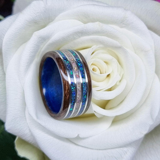 Memorial pet ash ring, smokedeucalyptus & blue tulipwood, crushed blue opal and silver inlays hand made bent wood ring