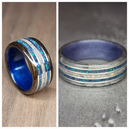 Custom memorial pet ash ring, duel wood ring, crushed opal and silver inlays hand made bent wood ring