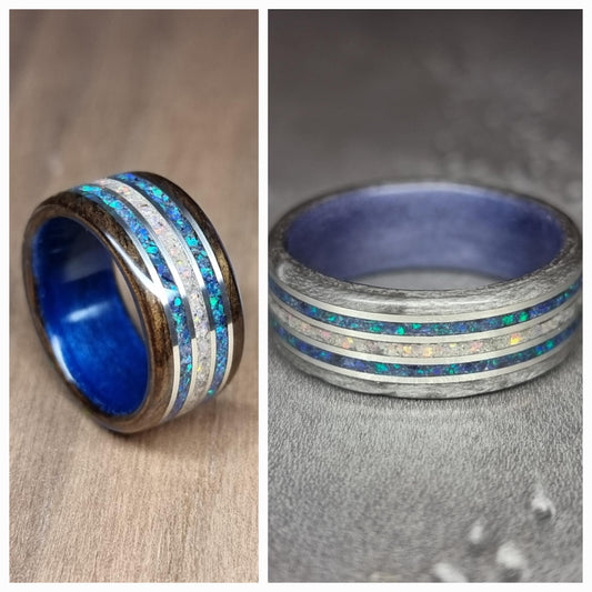 Custom memorial pet ash ring, duel wood ring, crushed opal and silver inlays hand made bent wood ring