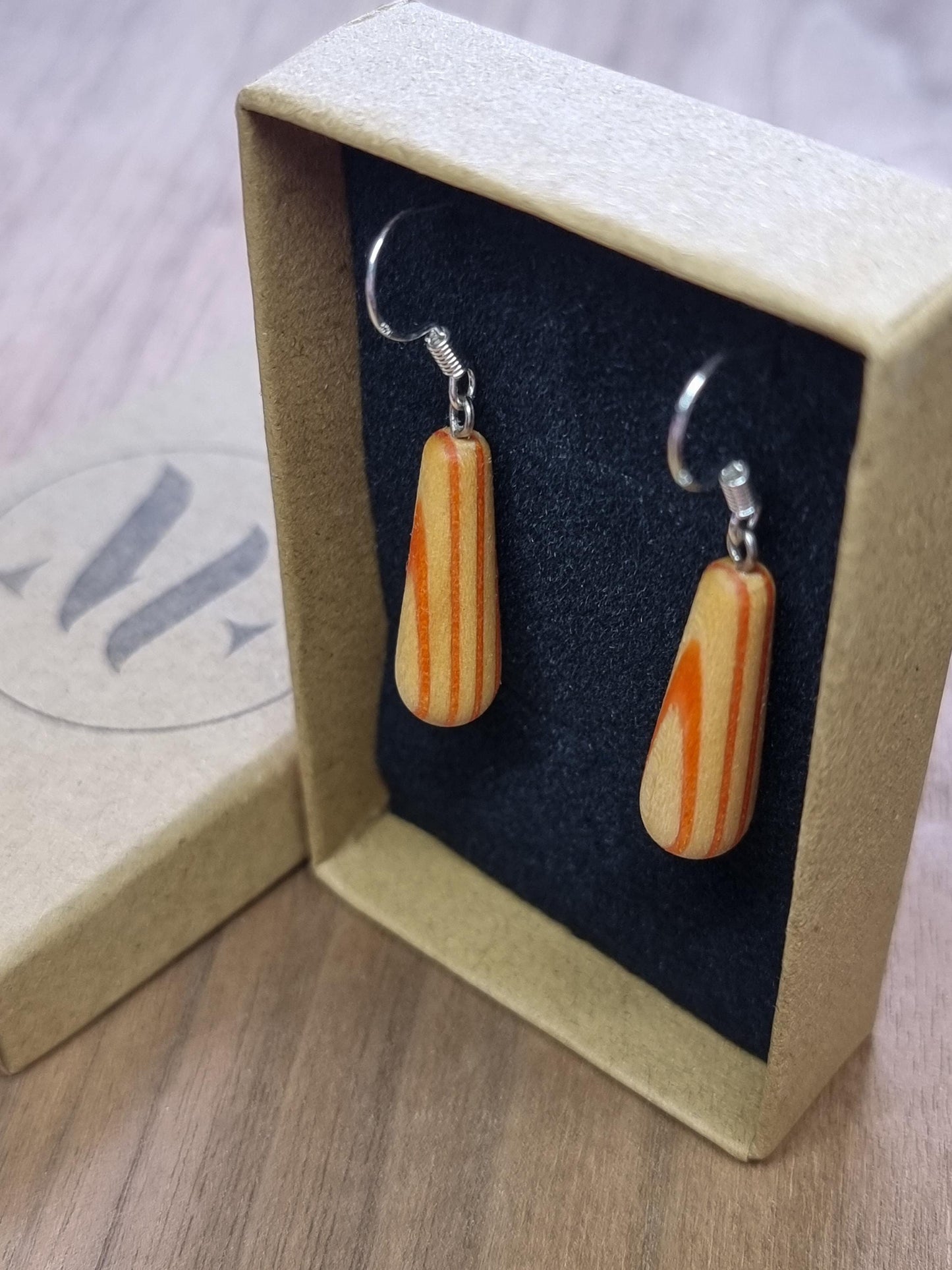 Rainbow striped wood & silver dangle drop earrings - Wooden earrings - Natural earrings - Alternative earrings - 5th anniversary gift