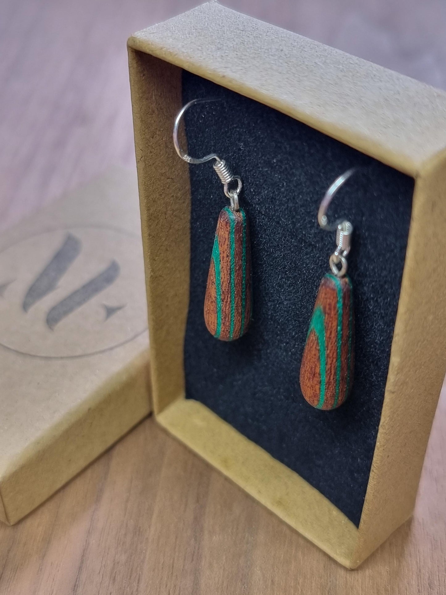 Rainbow striped wood & silver dangle drop earrings - Wooden earrings - Natural earrings - Alternative earrings - 5th anniversary gift