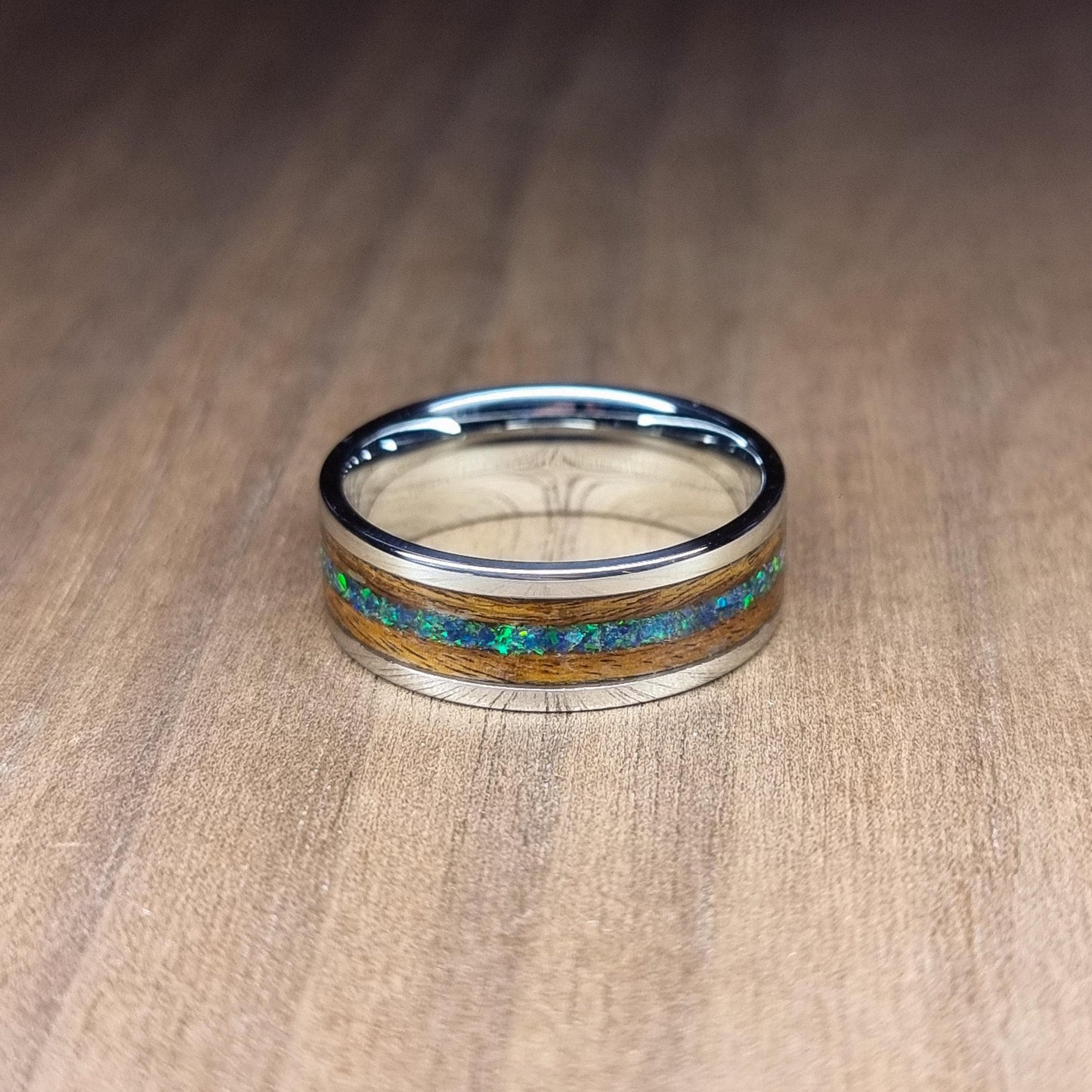 Stainless steel & rosewood ring with green opal inlay