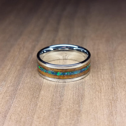 Stainless steel & rosewood ring with green opal inlay