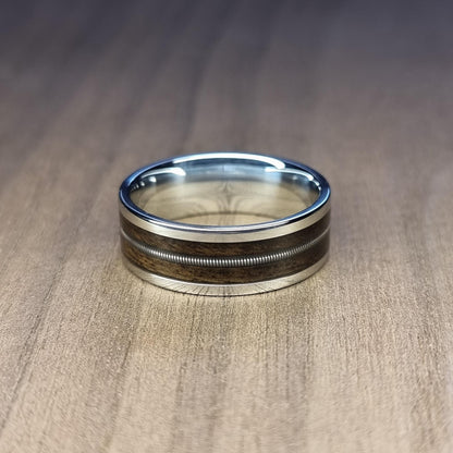 Stainless steel and smoked eucalyptus with guitar string ring - Hand made bent wood ring - Wooden wedding band - Engagement ring - Natural