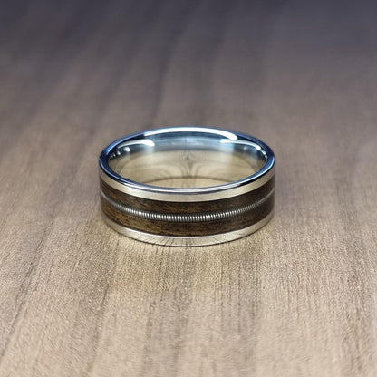 Stainless steel and smoked eucalyptus with guitar string inlay ring