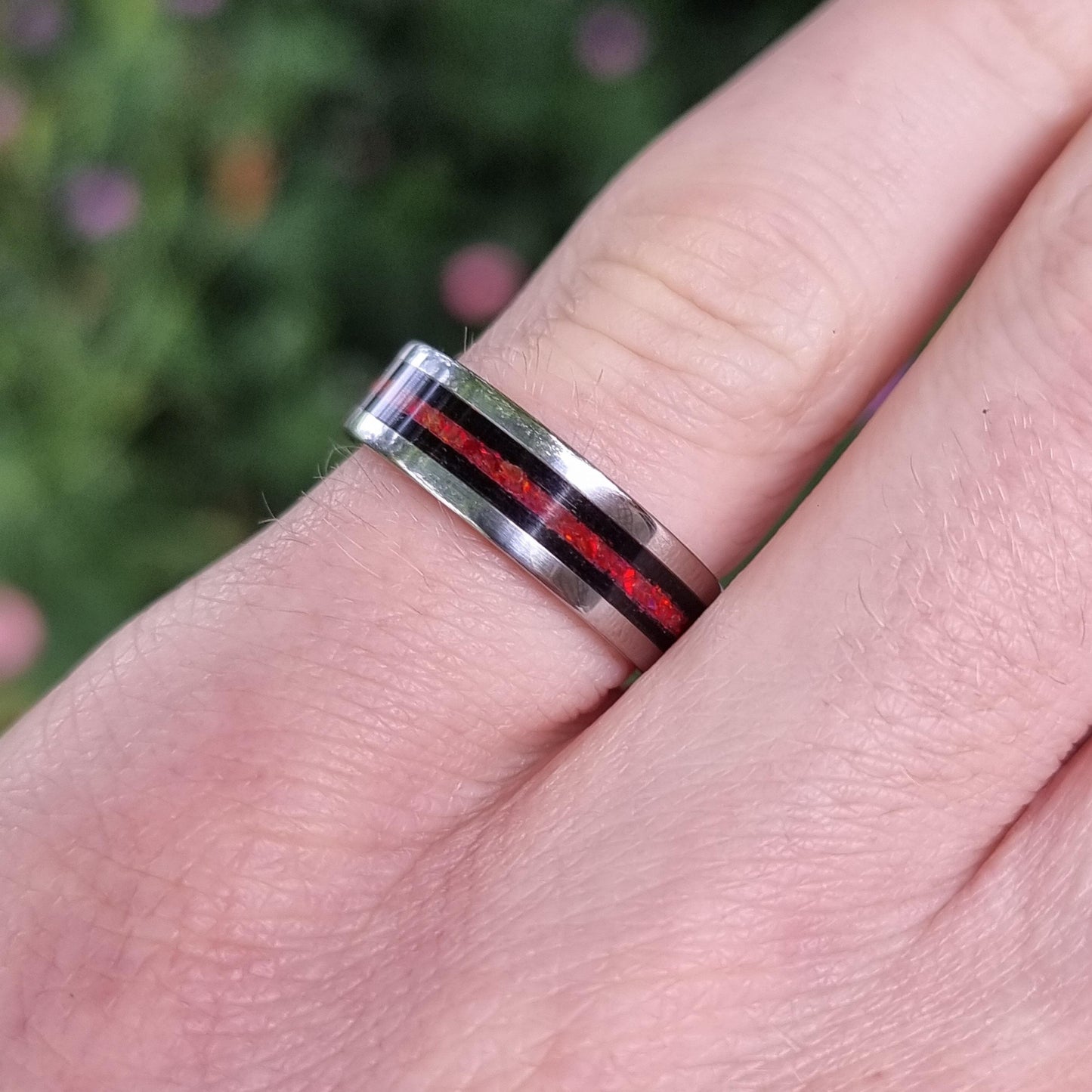 Stainless steel & black oak with red opal ring- Hand made bent wood ring - Wooden wedding band - Engagement ring - Jewellery