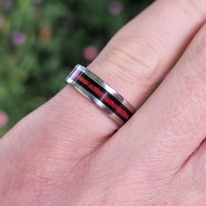 Stainless steel & black oak with red opal ring- Hand made bent wood ring - Wooden wedding band - Engagement ring - Jewellery