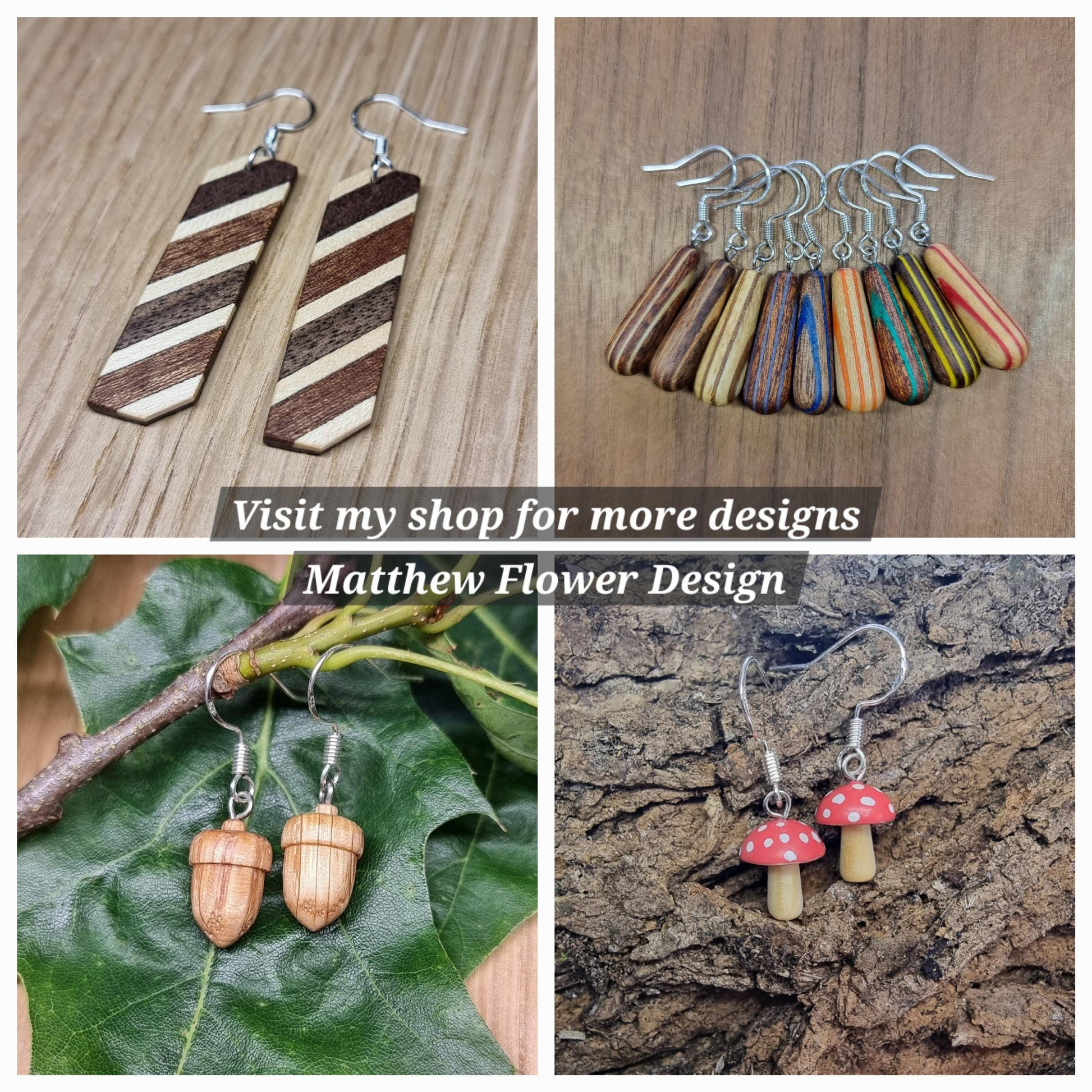 Wooden Toadstool mushroom and sterling silver hand made dangle / drop earrings