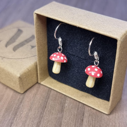 Wooden Toadstool mushroom and sterling silver hand made dangle / drop earrings