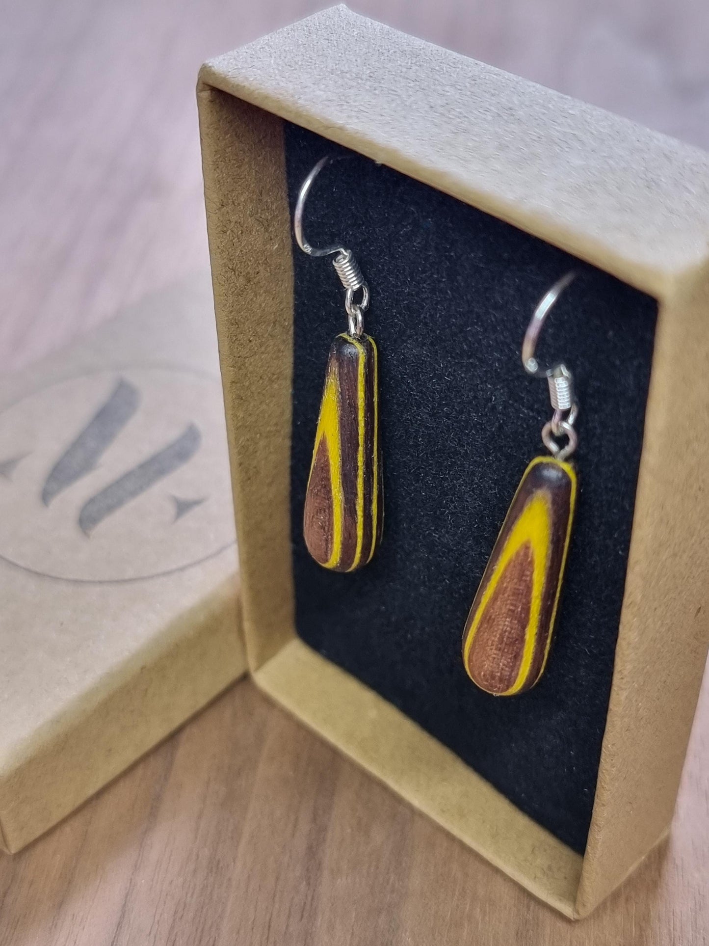Rainbow striped wood & silver dangle drop earrings - Wooden earrings - Natural earrings - Alternative earrings - 5th anniversary gift