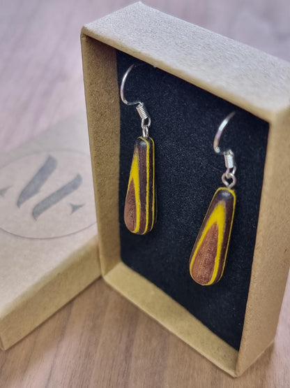 Rainbow striped wood & silver dangle drop earrings - Wooden earrings - Natural earrings - Alternative earrings - 5th anniversary gift