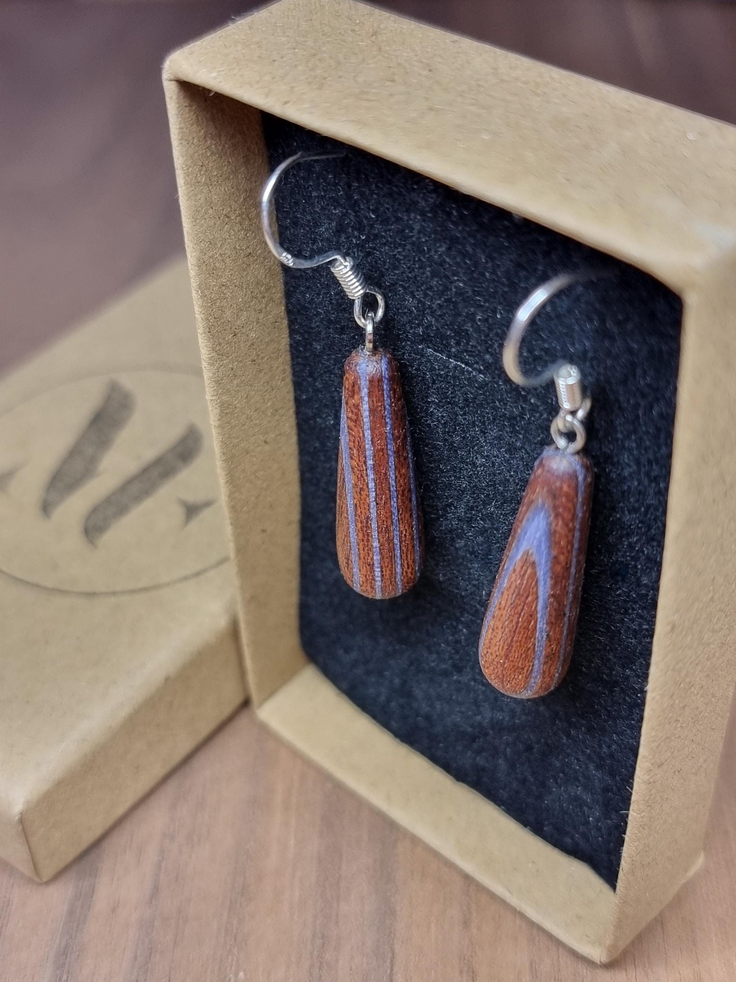 Rainbow striped wood & silver dangle drop earrings - Wooden earrings - Natural earrings - Alternative earrings - 5th anniversary gift