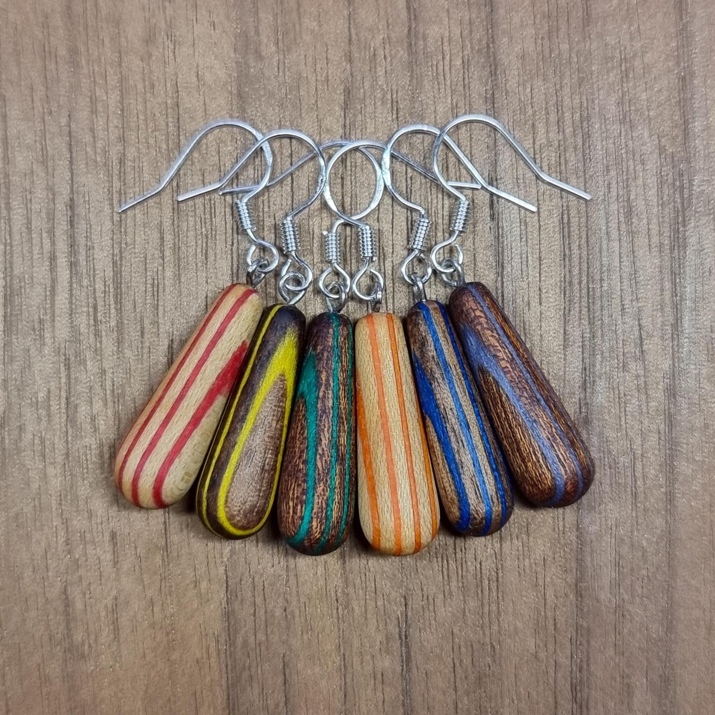 Rainbow striped wood & silver dangle drop earrings - Wooden earrings - Natural earrings - Alternative earrings - 5th anniversary gift