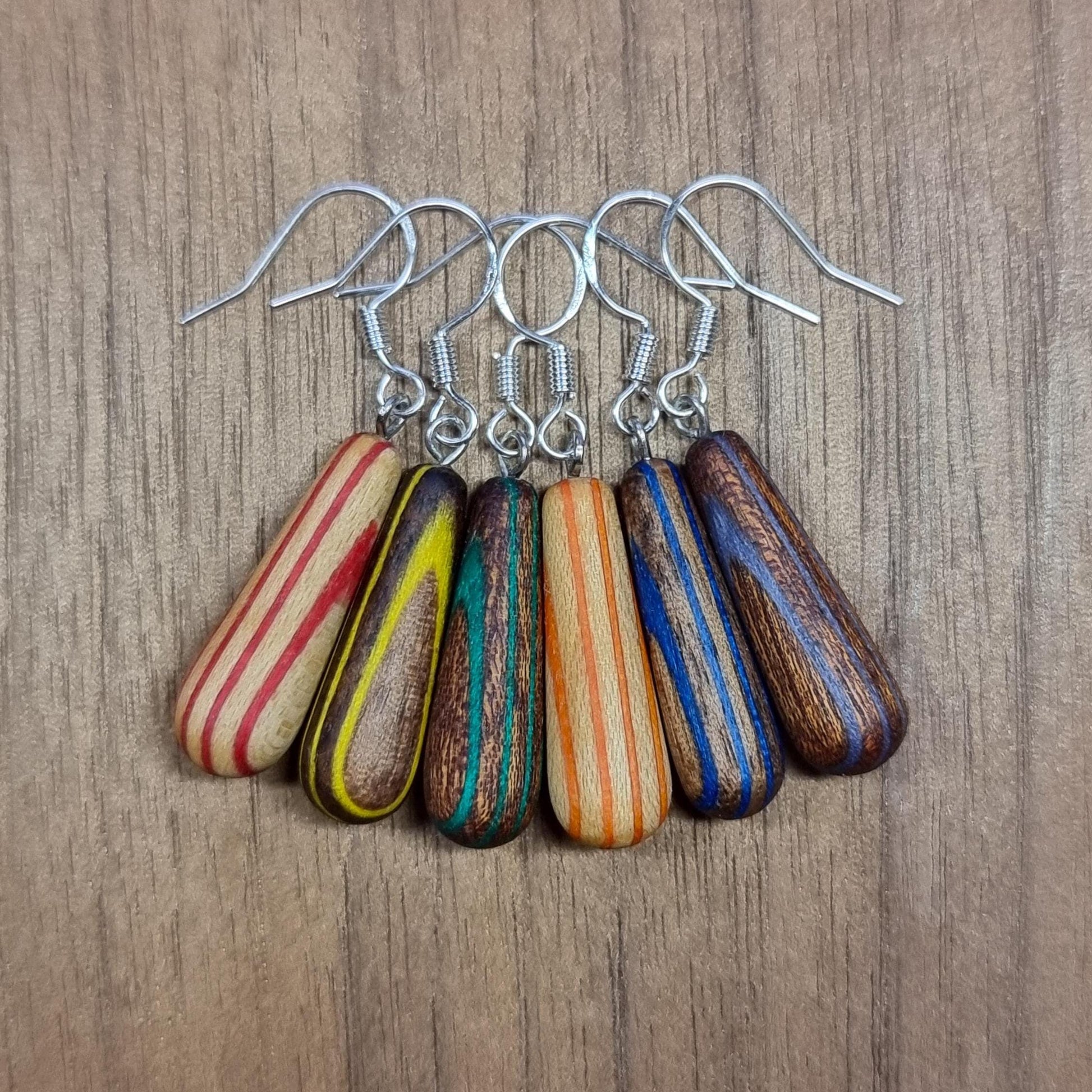 Rainbow striped wood & silver dangle drop earrings - Wooden earrings - Natural earrings - Alternative earrings - 5th anniversary gift
