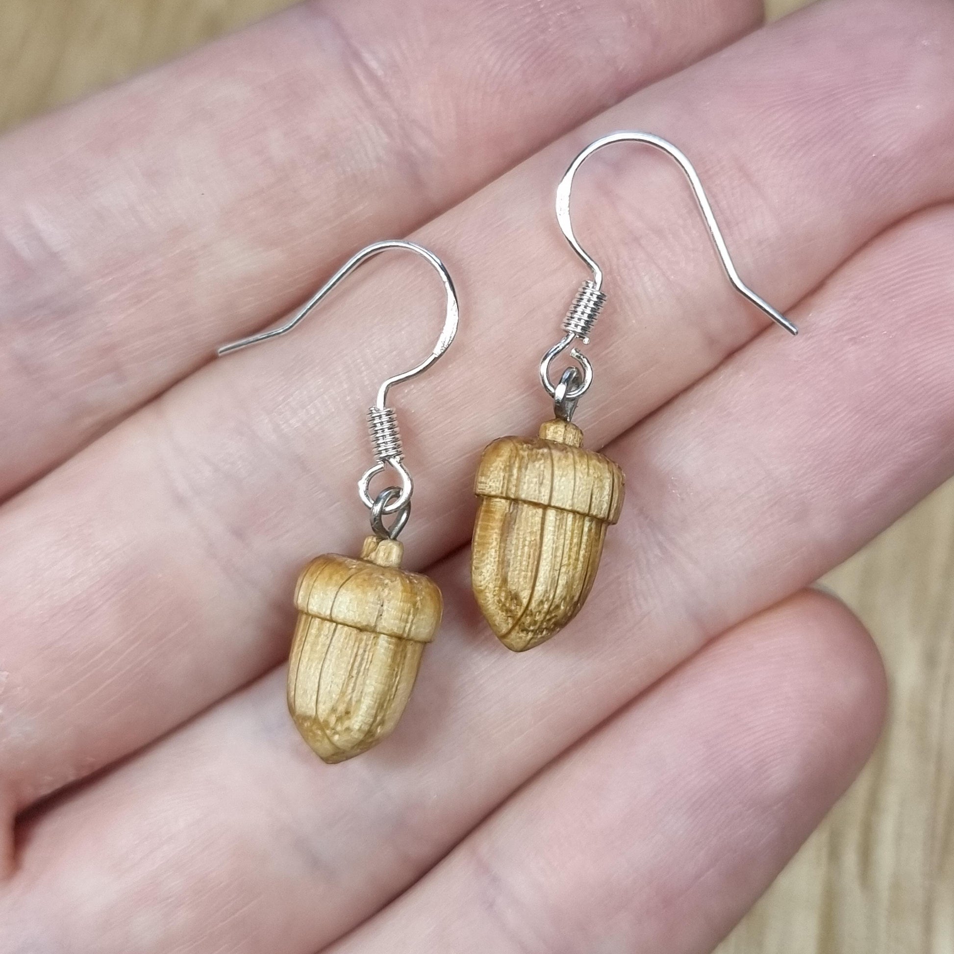 Oak acorn and sterling silver dangle / drop earrings - Wooden earrings - Natural earrings