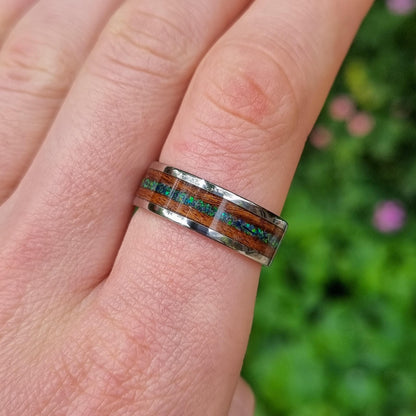 Stainless steel & rosewood ring with green opal inlay