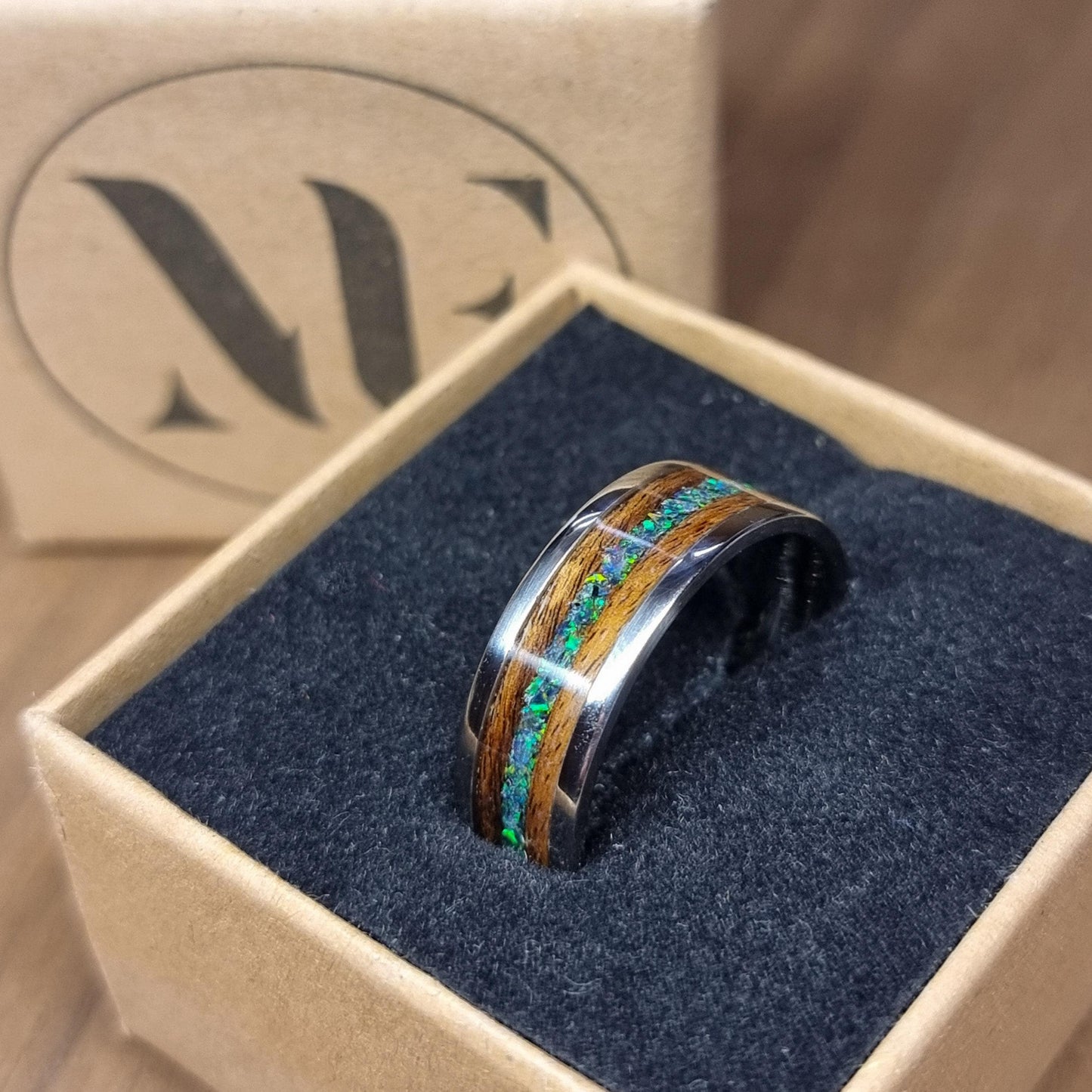 Stainless steel & rosewood ring with green opal inlay