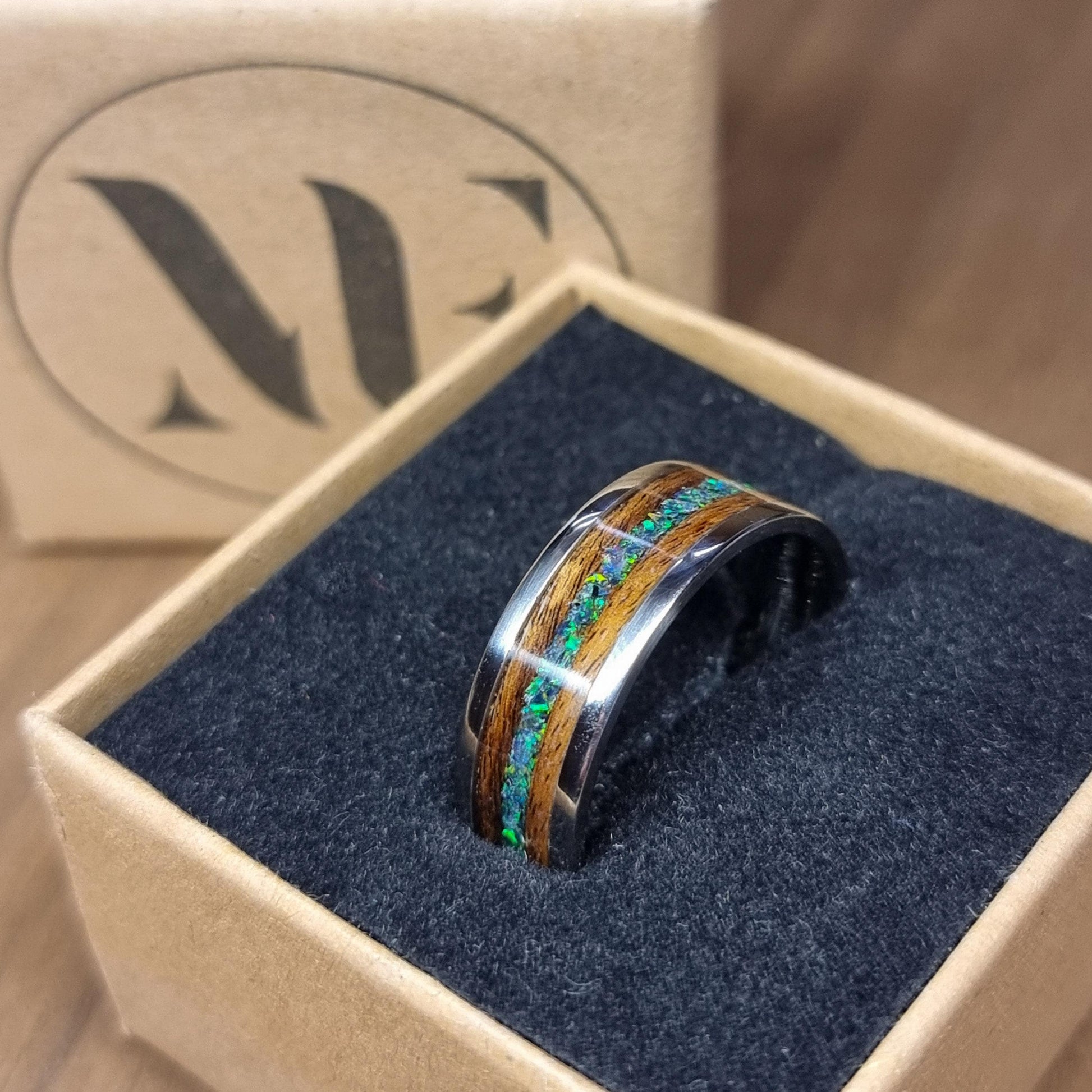 Stainless steel & rosewood ring with green opal inlay