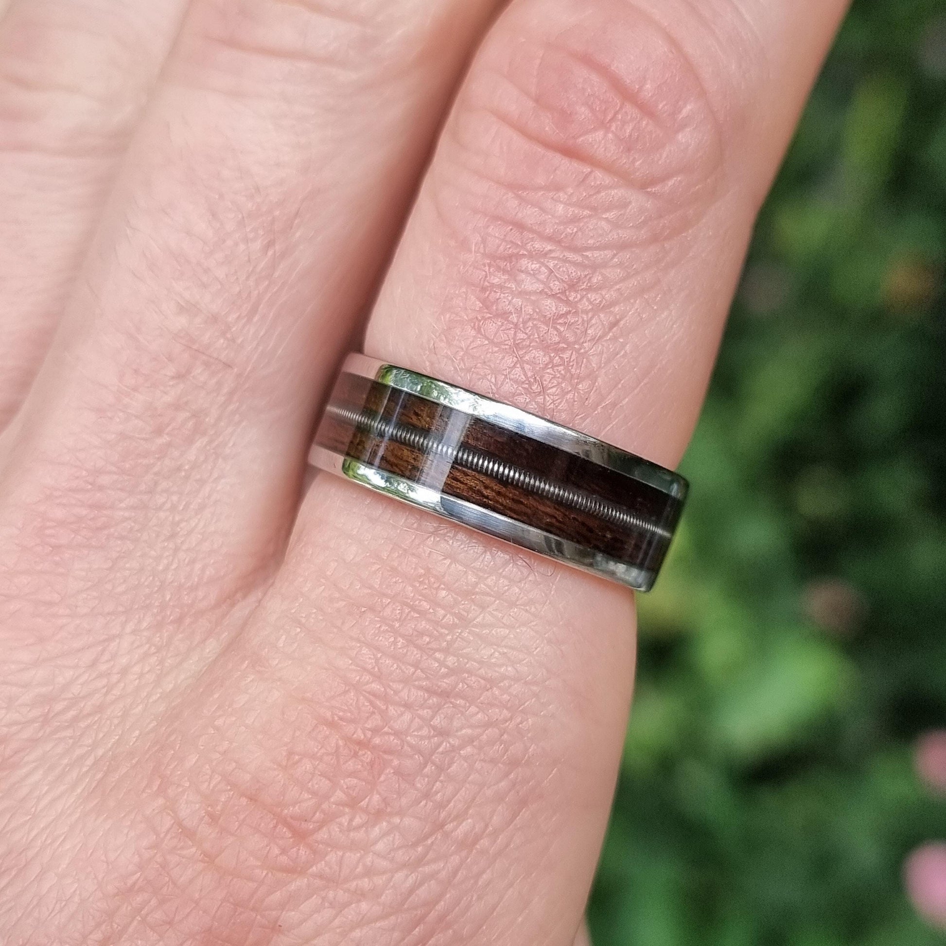 Stainless steel and smoked eucalyptus with guitar string ring - Hand made bent wood ring - Wooden wedding band - Engagement ring - Natural