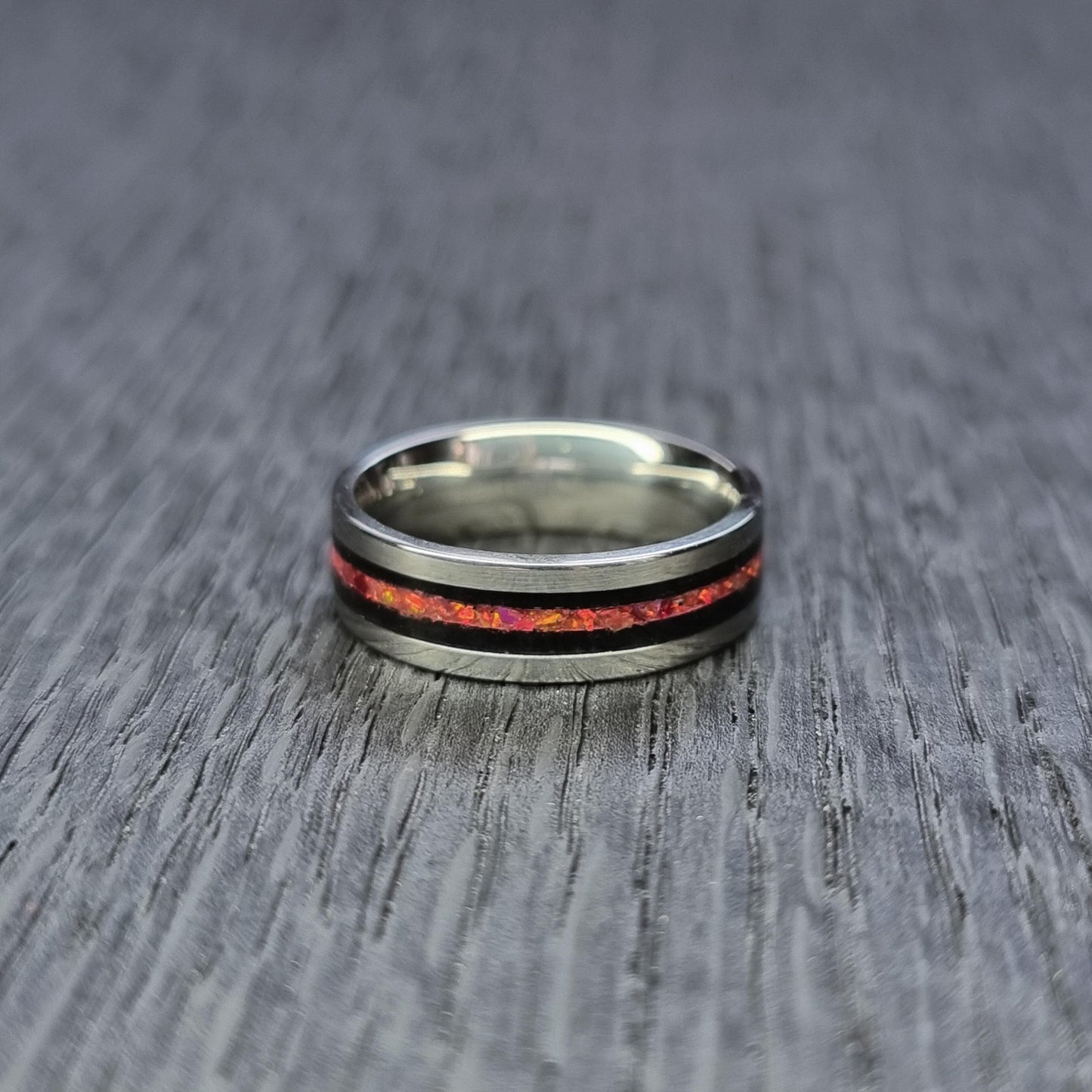 Stainless steel & black oak with red opal ring- Hand made bent wood ring - Wooden wedding band - Engagement ring - Jewellery