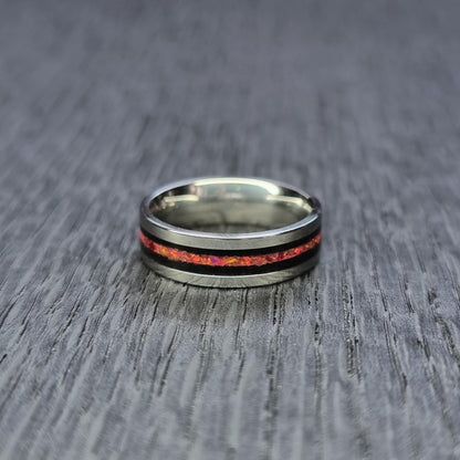 Stainless steel & black oak with red opal ring