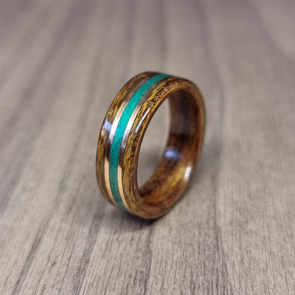 Rosewood with green tulipwood and double copper hand made bent wood ring