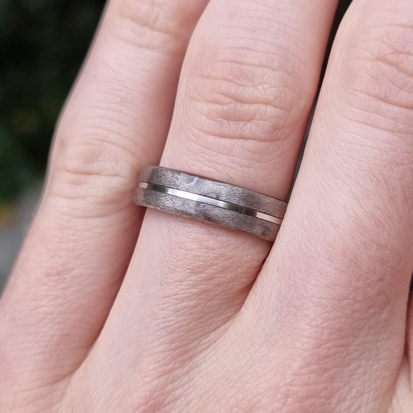 Silver birdseye maple and sterling silver hand made bent wood ring