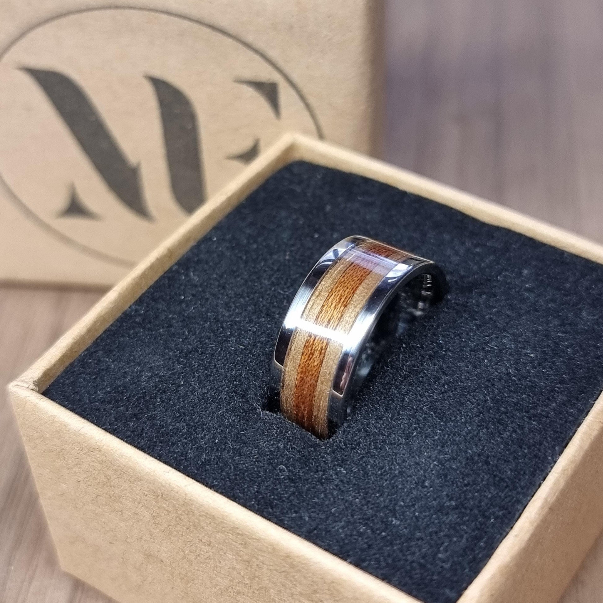 Stainless steel, walnut and sapele ring - Hand made bent wood ring - Alternative wooden wedding band - Custom engagement ring - Anniversary