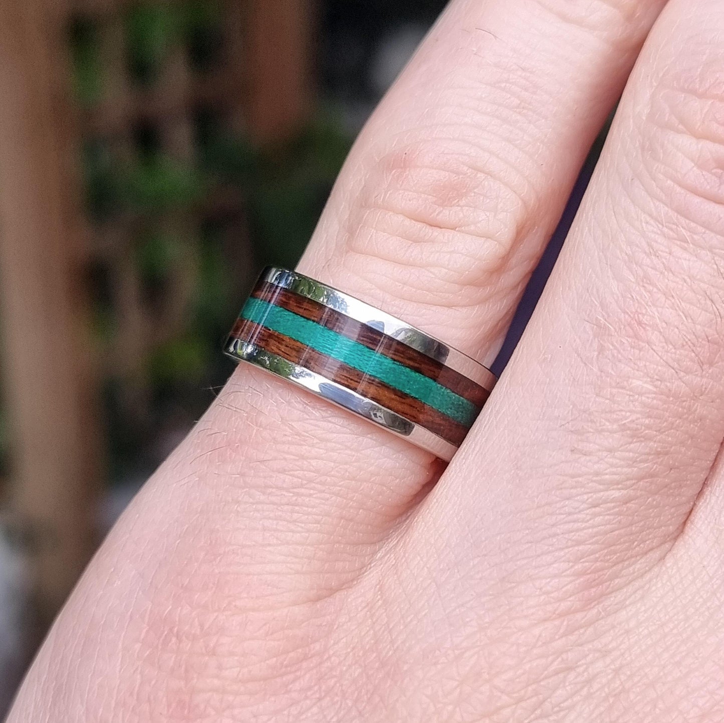 Stainless steel, rosewood & green tulipwood ring - Hand made bent wood ring - Alternative wooden wedding band - Custom engagement ring