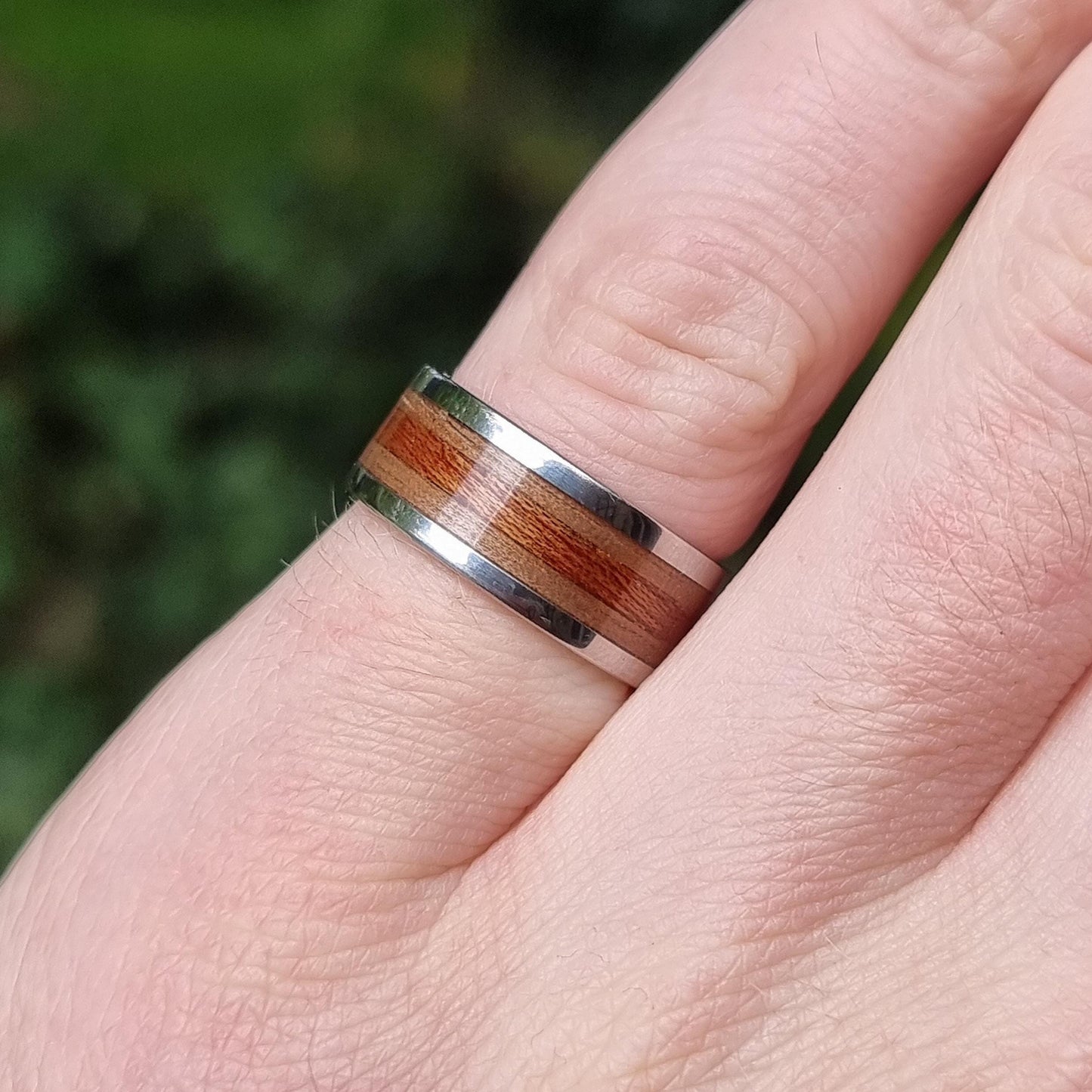 Custom stainless steel & duel wood inlay ring