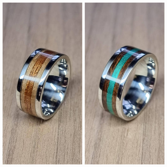 Custom stainless steel & duel wood inlay ring