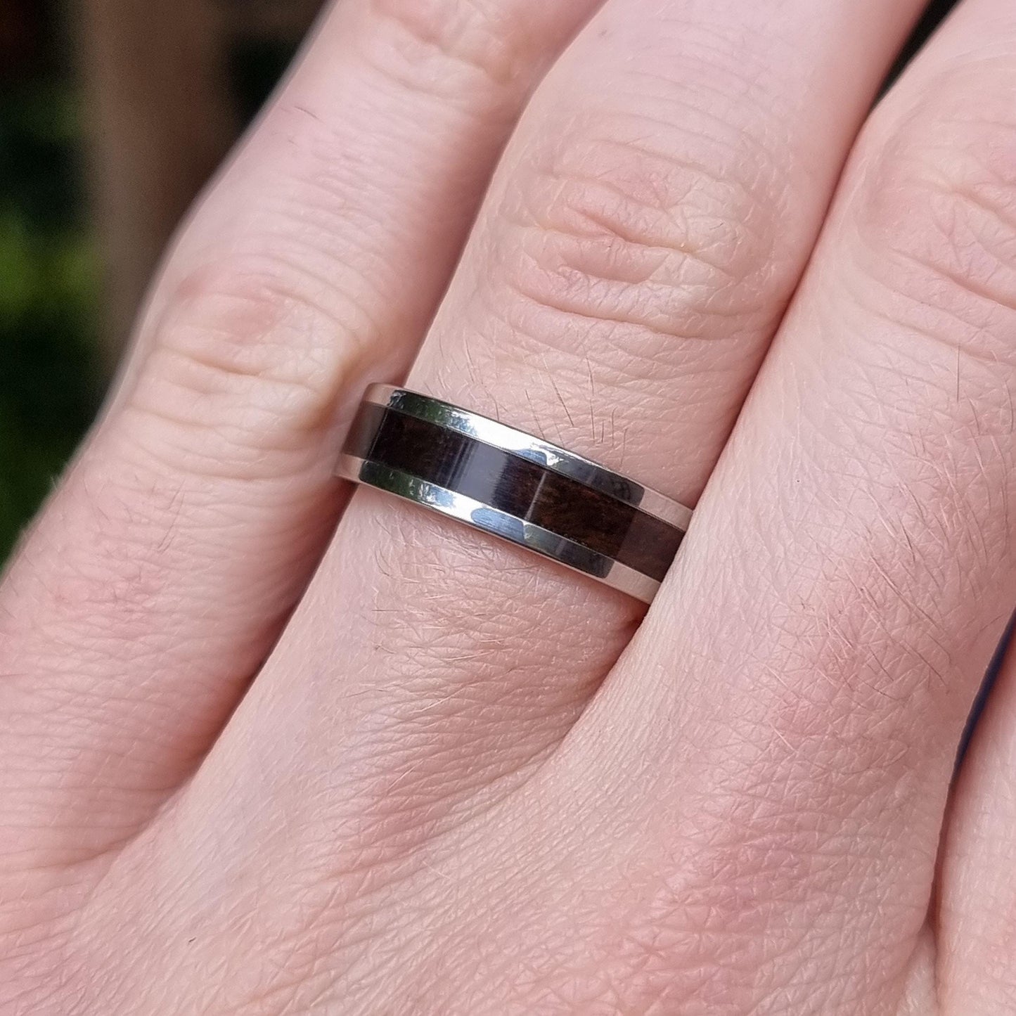 Stainless steel and smoked eucalyptus ring