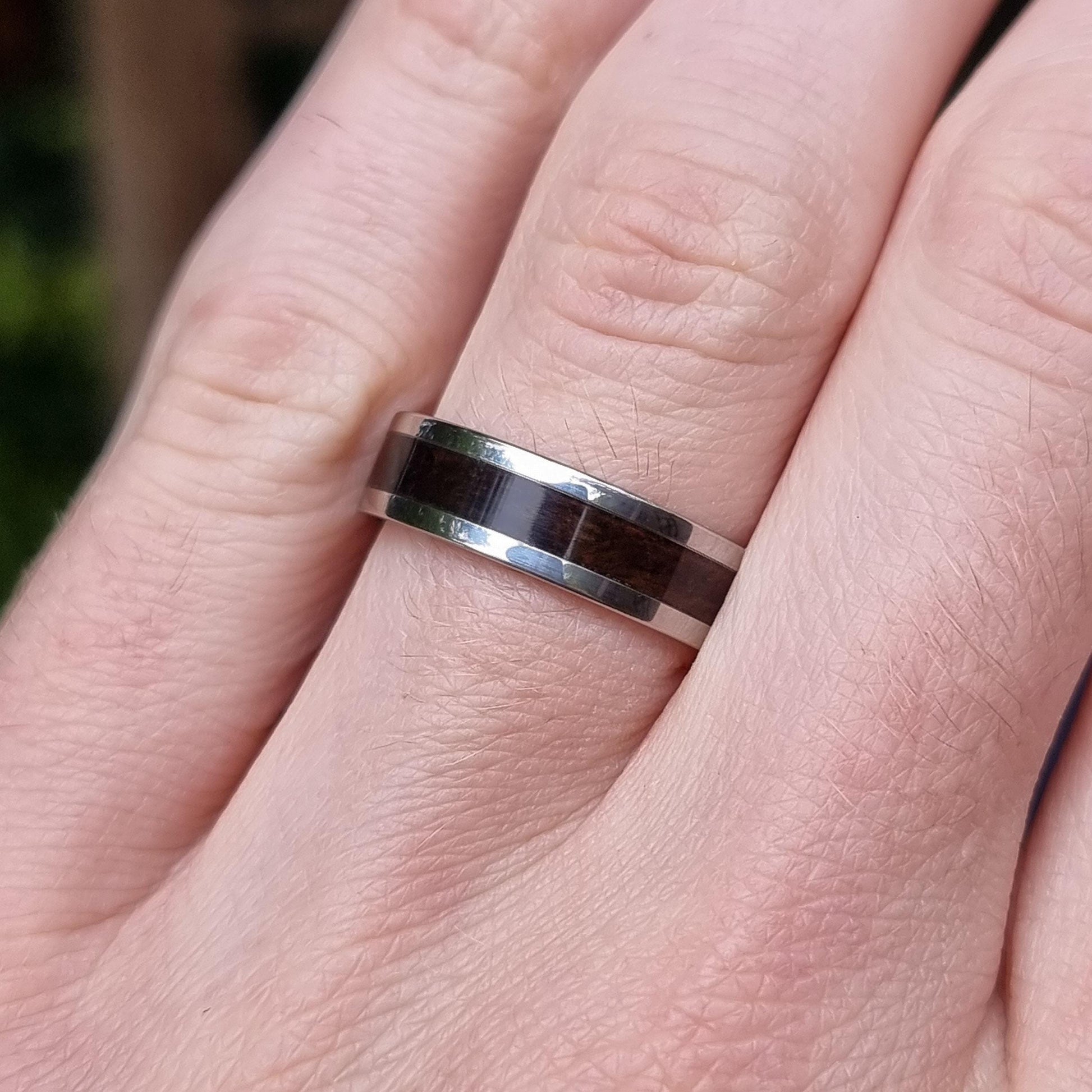 Stainless steel and smoked eucalyptus ring