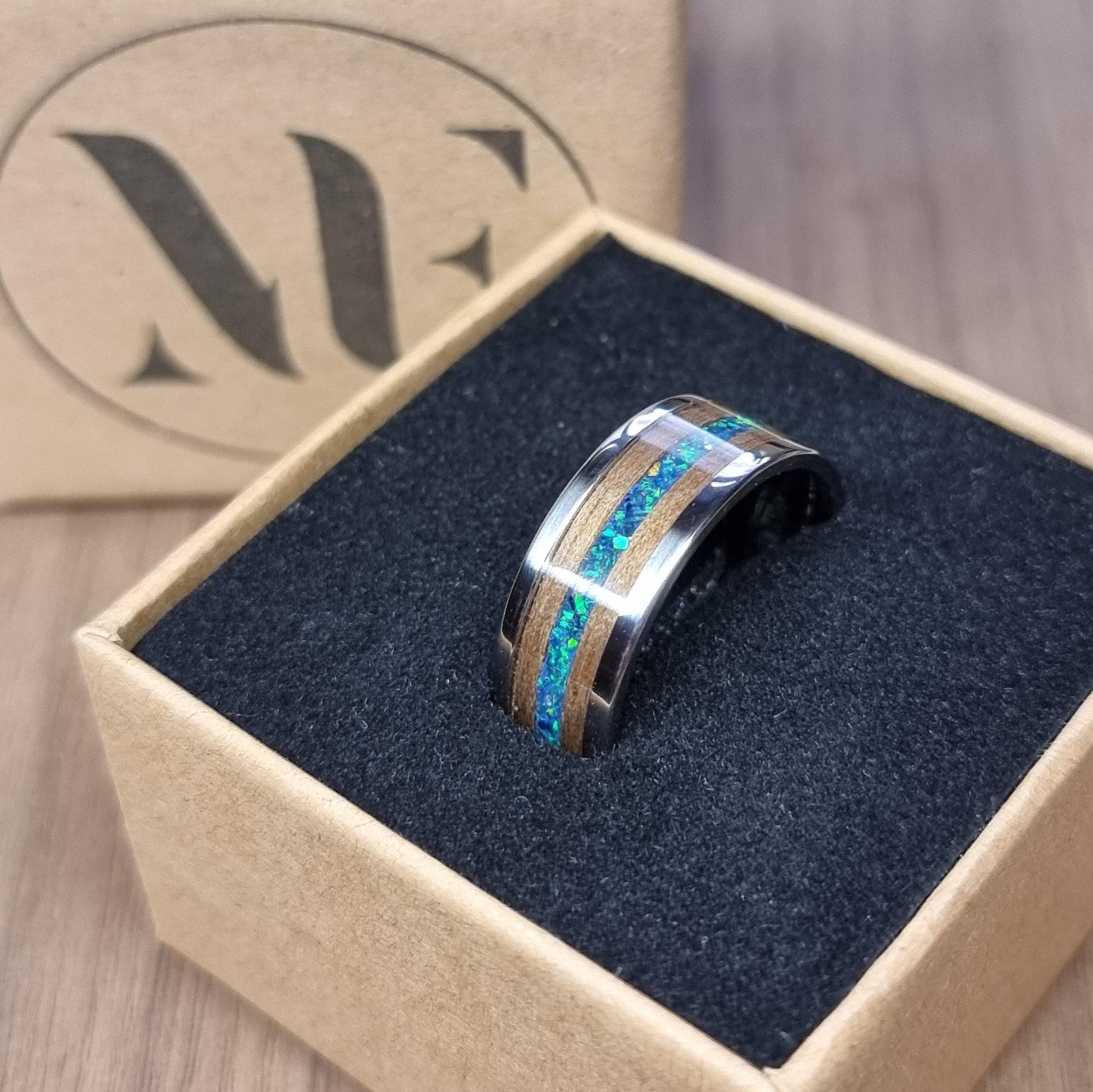 Custom stainless steel & wood ring with crushed opal
