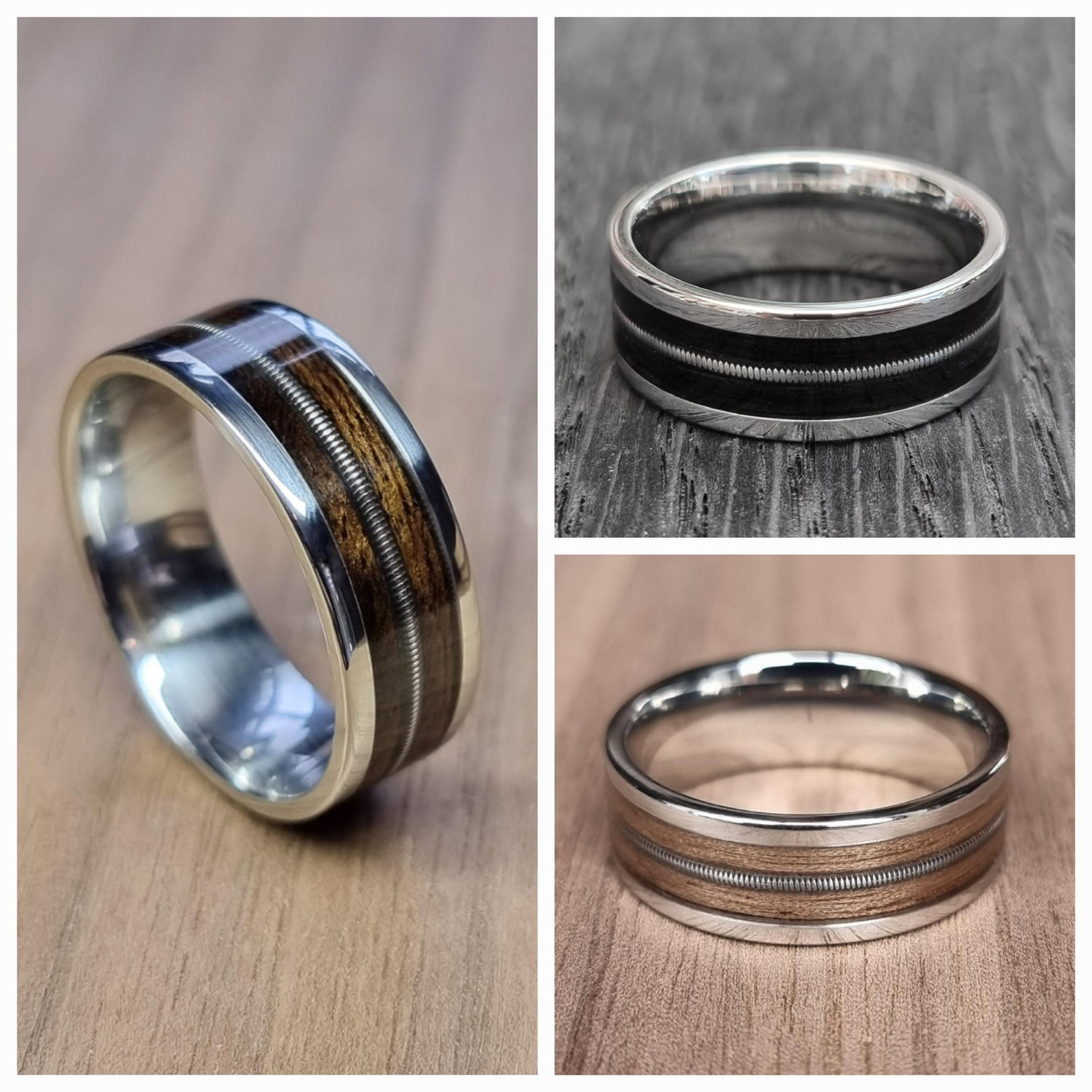 Custom stainless steel, wood & guitar string ring