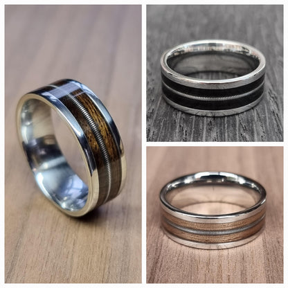 Custom stainless steel, wood & guitar string ring - Bespoke ring - Hand made bent wood - Wooden wedding band - Alternative Engagement ring