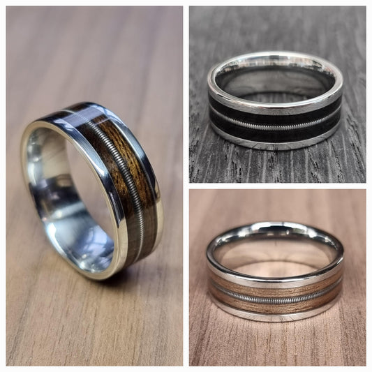Custom stainless steel, wood & guitar string ring - Bespoke ring - Hand made bent wood - Wooden wedding band - Alternative Engagement ring