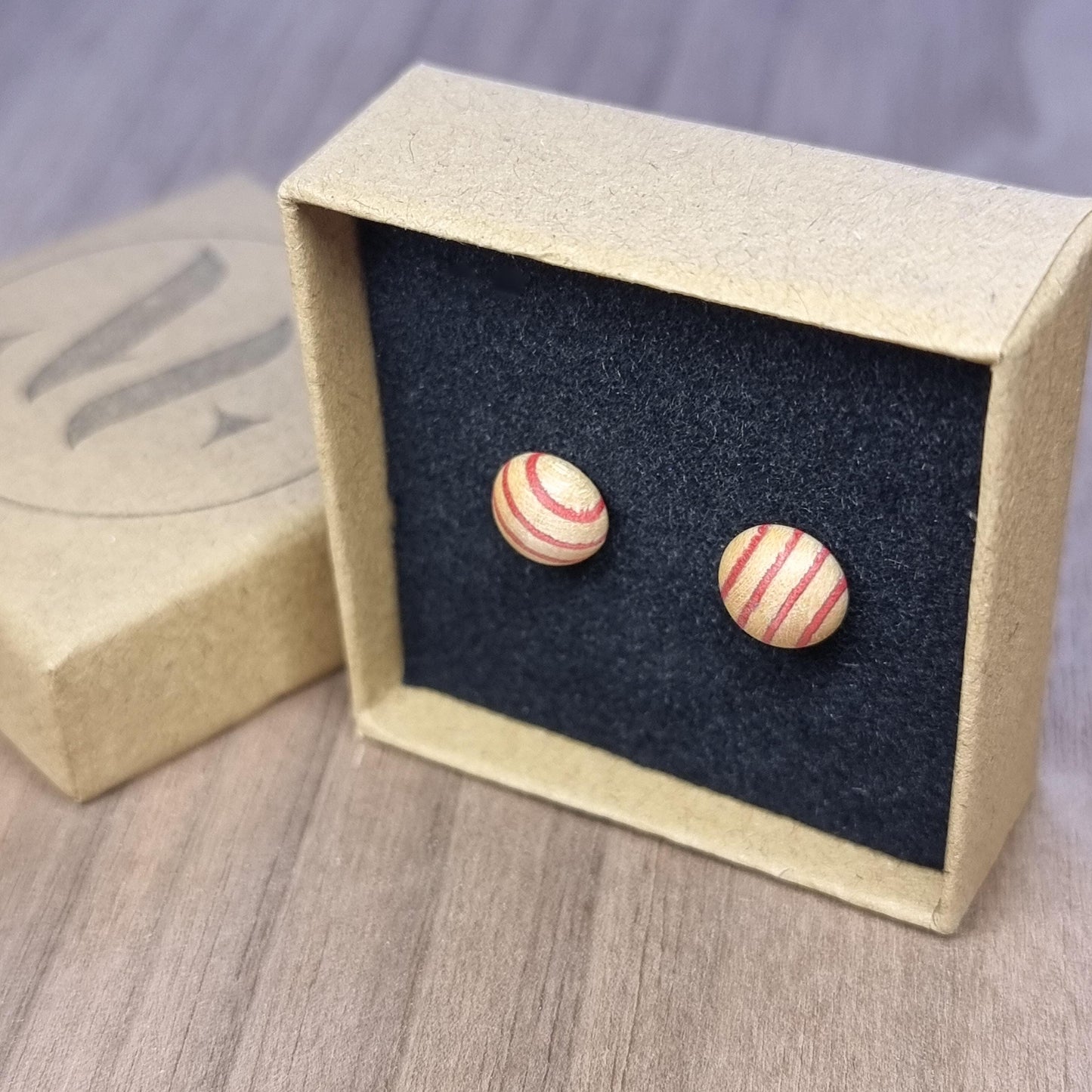 Rainbow striped wood & silver hand made stud earrings