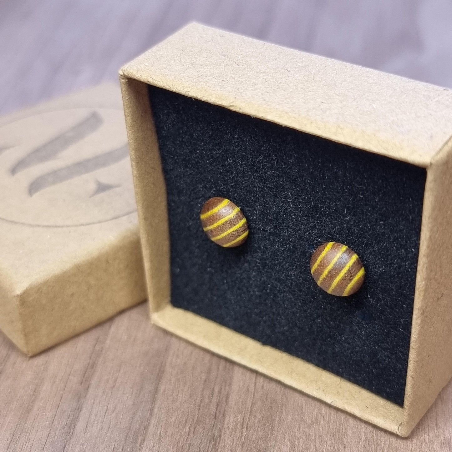 Rainbow striped wood & silver hand made stud earrings