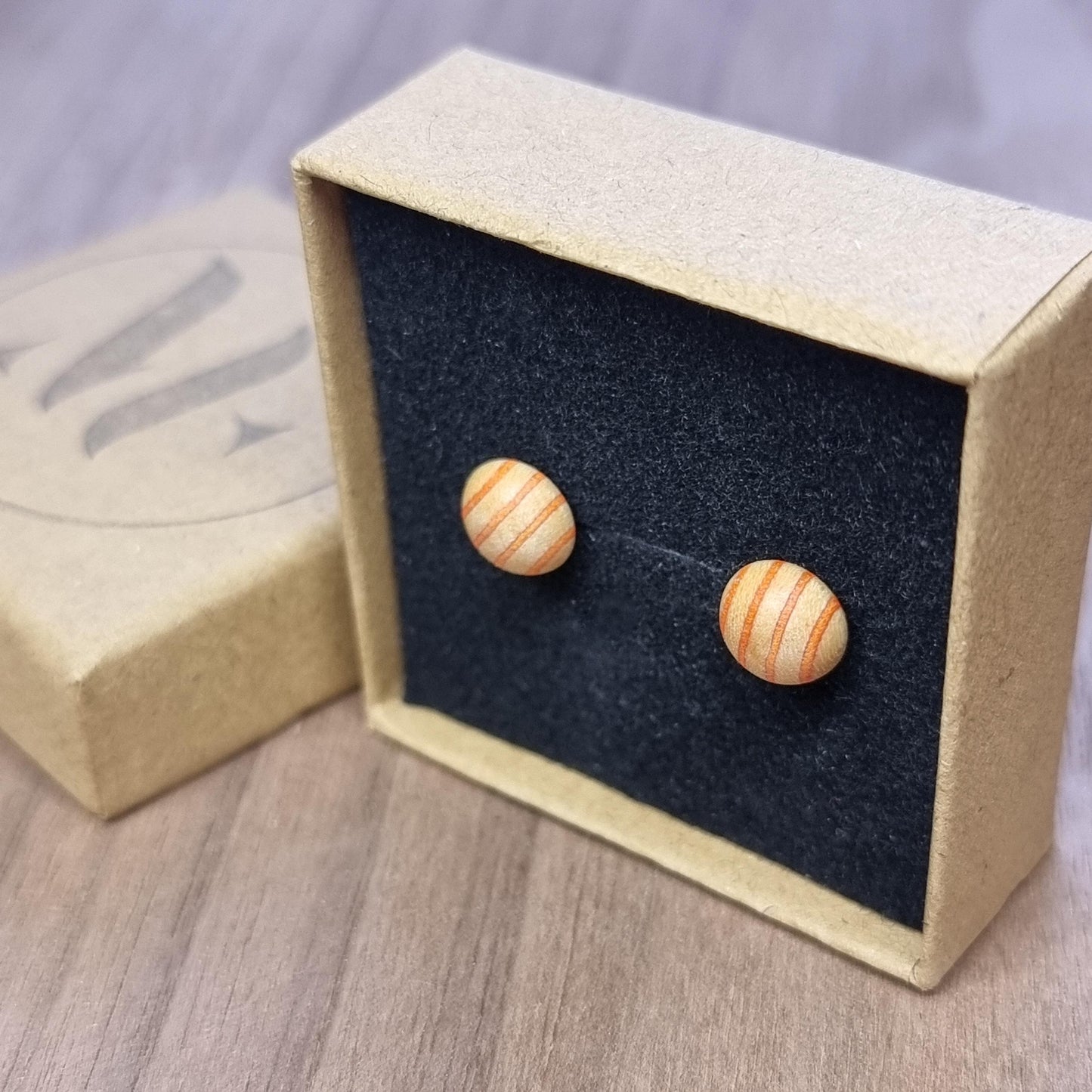 Rainbow striped wood & silver hand made stud earrings